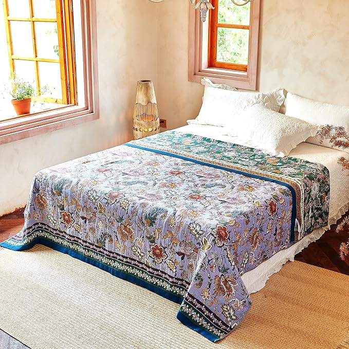 Boho Throw Blanket 80" x 90", 100% Organic Cotton Breathable Ultra Soft Bed Purple Quilt Throw - All Season Luxury Floral Farmhouse Decor Blanket for Sofa Couch Chair and Gift.