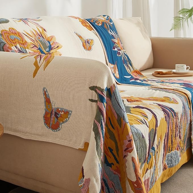 Boho Throw Blanket for Couch Sofa Bed, 100% Cotton Woven Quilt with Tassel 60”x80”, Super Soft Muslin Blanket with Floral Printed, Decorative Reversible Bed Blanket/Cover for All Seasons
