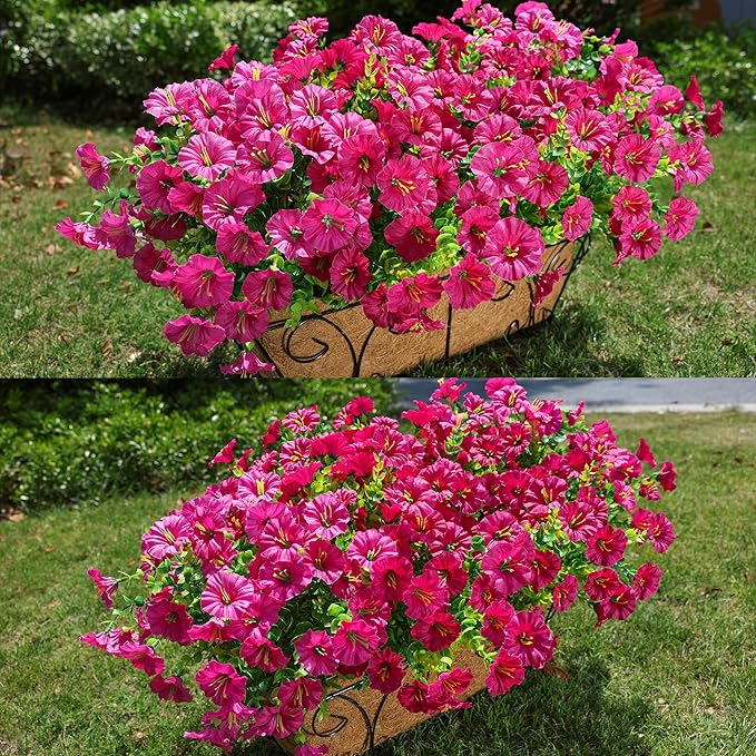 HyeFlora Artificial Flowers for Outdoors Fake Plants, 12 Bundles Faux Fuchsia Morning Glory UV Resistant Look Real Silk Flowers for Outside Planter Front Door Porch Patio Yard Fall Autumn Decoration