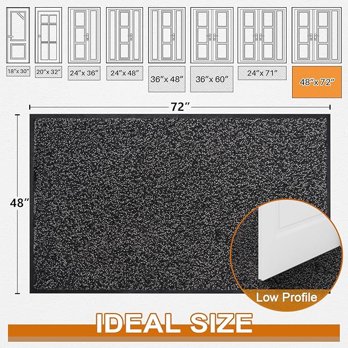 Mibao Front Door Mat, Dirt Trapper Welcome Mat for Outdoor Indoor, Non-Slip Waterproof Doormat, Durable Machine Washable Low Profile Entry Rug for Back Door Outside Patio Porch, 72" x 48", Black
