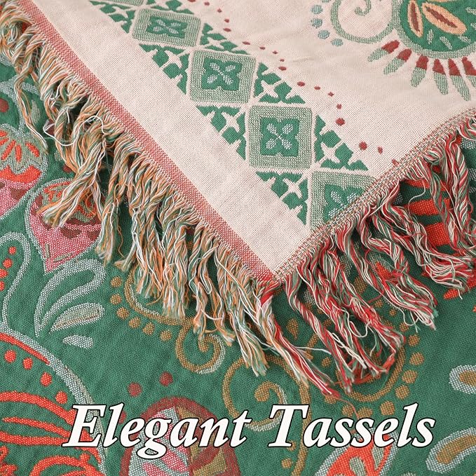 Snycler Cotton Bed Throw with Tassels, Double-Sided Bohemian Spring Flowers Plants Throws for Sofas, 80x90 inch Woven Warm Blanket for Single Sofa, Bedspread and Settee Couch Travel Green