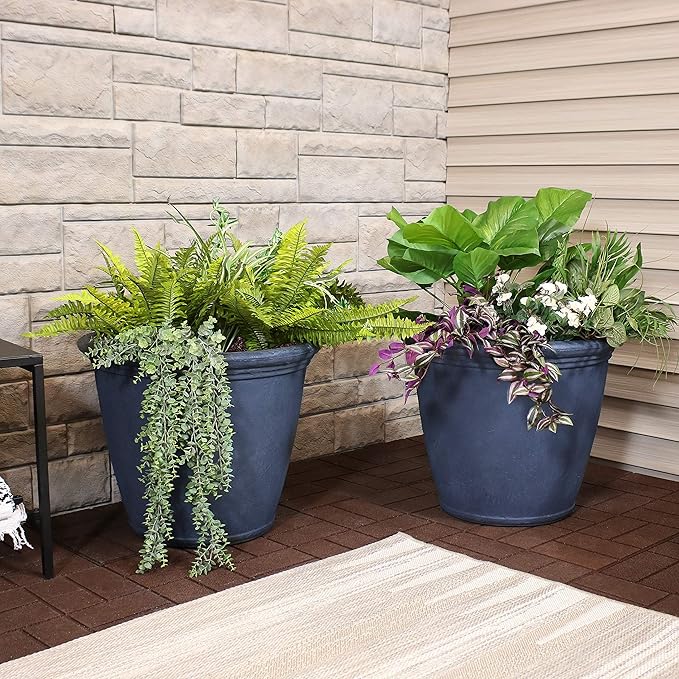 Sunnydaze 24-Inch Anjelica Large Plastic Pot for Plants - Outdoor Polyresin Round Planter with Drillable Drainage Holes - Slate - 2pk