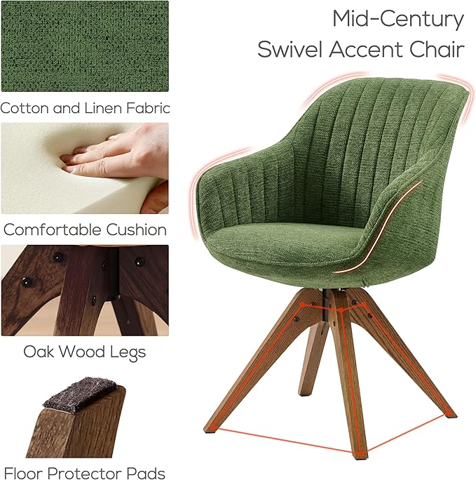 Art Leon Office Chair No Wheels - Mid Century Modern Desk Chair, Swivel Accent Chair with Oak Wood Legs, Fabric Upholstered Arm Chair, Green