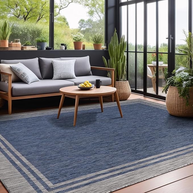 Bordered Outdoor Rug 10x14 Washable Outside Carpet for Indoor Patio Porch Waterproof Easy Cleaning Non Shedding Area Rugs Navy 10 x 14