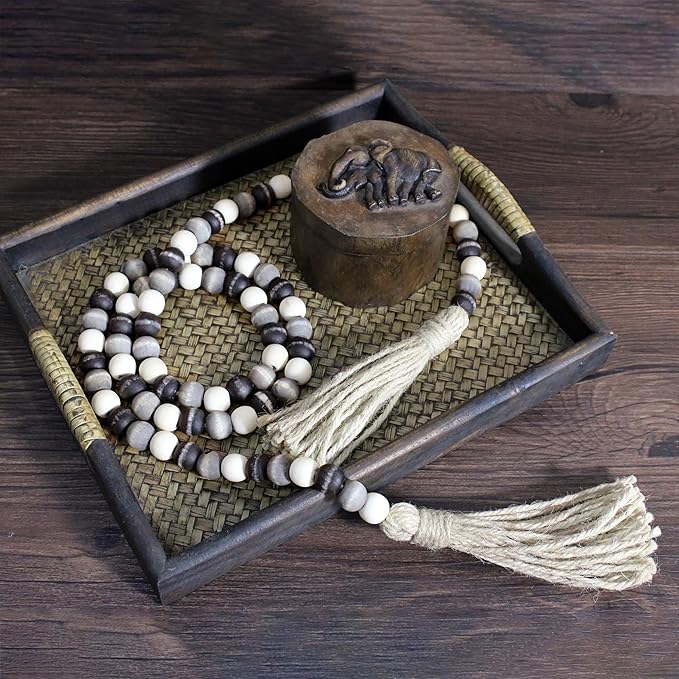 CVHOMEDECO. Wood Beads Garland with Tassels Farmhouse Rustic Wooden Prayer Bead String Wall Hanging Accent for Home Festival Decor. Black Grey Mix Distressed