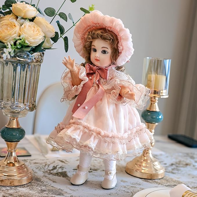 16-Inch BJD Vinyl Bisque Doll, Scale Poseable Vintage Court Doll with Victorian Dress, Collectible Doll with Gift Box for Display, Decoration, Birthday Gift Name Porcelosia (Pink)