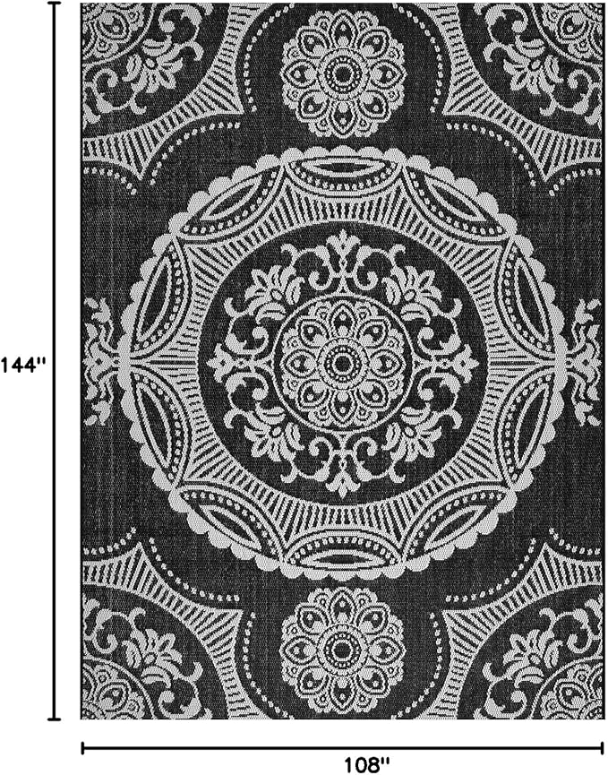 Medallion Outdoor Rug 9x12 Washable Outside Carpet for Indoor Patio Porch Waterproof Easy Cleaning Non Shedding Area Rugs Black 9 x 12