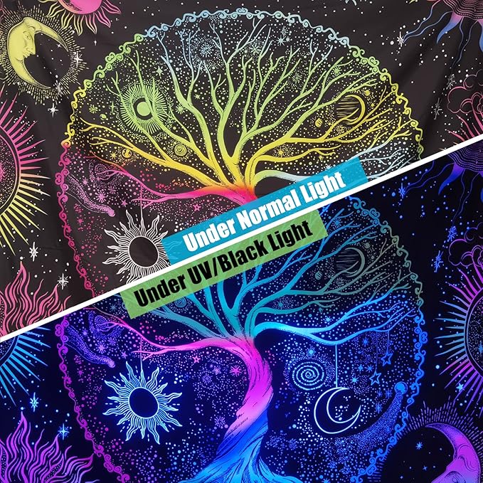 AACKart Blacklight Tapestry for Bedroom - Spiritual Tree of Life Wall Tapestry Glow in the Dark Wall Hanging 90.5 x 70.8 inches
