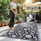 OLANLY Waterproof Outdoor Rug 5x8 ft, Outdoor Plastic Straw Rug with Flower Pattern, Reversible RV Mat for Patio, Camping, Balcony, Deck, Backyard, Black & White