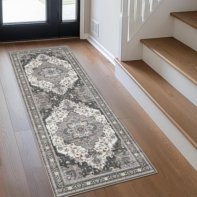 GENIMO 2X12 Hallway Runner Rug, Machine Washable Non Slip Vintage Floral Patchwork Runners, Thin Low Pile Chenille Carpet Runners for Entryway, Kitchen, Bathroom, Bedroom, Slate Gray