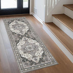 GENIMO 3X7 Hallway Runner Rug, Machine Washable Non Slip Vintage Floral Patchwork Runners, Thin Low Pile Chenille Carpet Runners for Entryway, Kitchen, Bathroom, Bedroom, Slate Gray