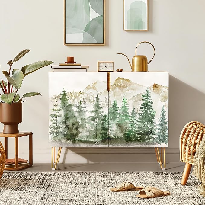 SIGNWIN Sideboard Buffet Cabinet, Kitchen Storage Cabinet with 2 Doors, Pastel Watercolor Mountain Forest, Cupboard Console Table for Dining Room - 35" L x 18" W x 29" H