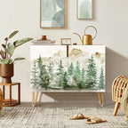 SIGNWIN Sideboard Buffet Cabinet, Kitchen Storage Cabinet with 2 Doors, Pastel Watercolor Mountain Forest, Cupboard Console Table for Dining Room - 35" L x 18" W x 29" H