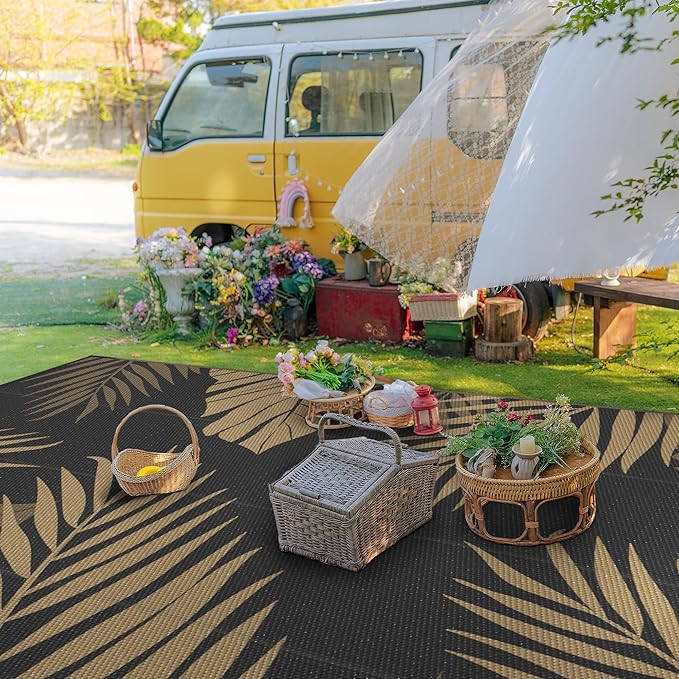 GENIMO Outdoor Rug 10' x 14' Waterproof for Patios Clearance, Reversible Outdoor Plastic Straw Camping Rug Carpet, Large Area Rugs Mats for RV, Camper, Deck, Balcony, Porch, Beach, Picnic, Black&Brown
