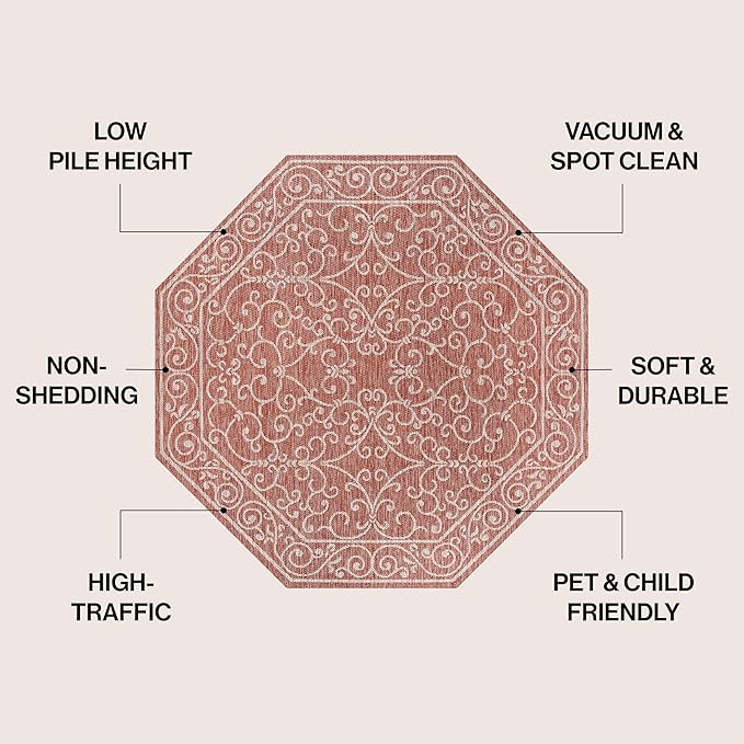 JONATHAN Y Vintage Filigree Indoor Outdoor Octagon Area Rug 5 Ft Red/Beige, Charleston Textured Weave for Backyard, Patio, Porch, Easy-Cleaning, High Traffic, Pet-Friendly, Non-Shedding SMB106B-5TGN