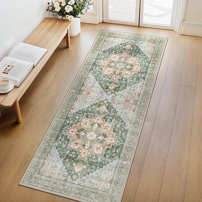 GENIMO 2x10 Runner Rugs for Hallway, Machine Washable Non Slip Vintage Rugs, Low Pile Lightweight Soft Print Rug for enrtyway, Corridor, Home Office, Kitchen,Sage Green
