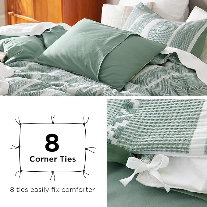 Bedsure Waffle Weave Duvet Cover King - 100% Cotton Boho Duvet Cover with 2 Pillowcases - Green Textured Comforter Cover with Zipper Closure (King, 104"x90")