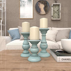 Deco 79 Mango Wood Decorative Candle Holder Distressed Turned Pillar Candle Stand, Set of 3 Candlestick Holder 6", 8", 10"H, Light Blue