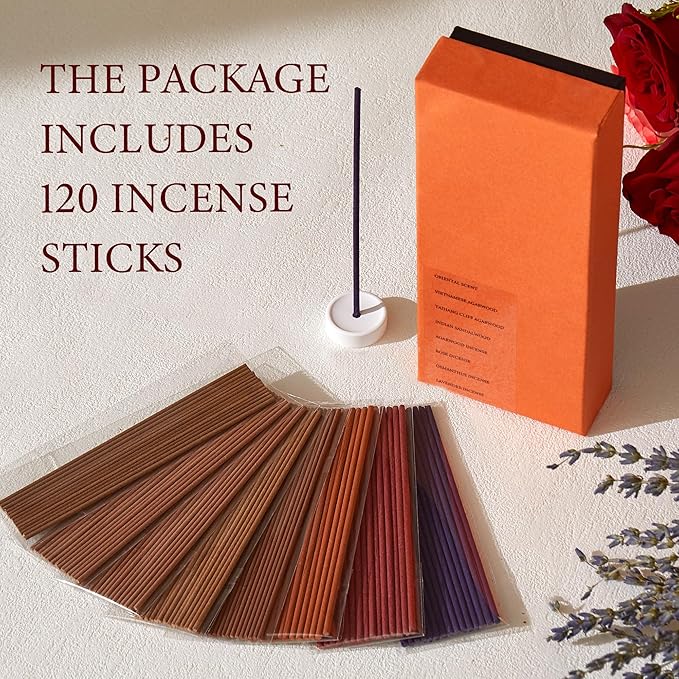 Incense Sticks – 120 Natural Sticks, 8 scents Including Lavender, Osmanthus, Rose, Agarwood, Sandalwood & Oriental. 15 Sticks per Scent. Stress Relief Gifts