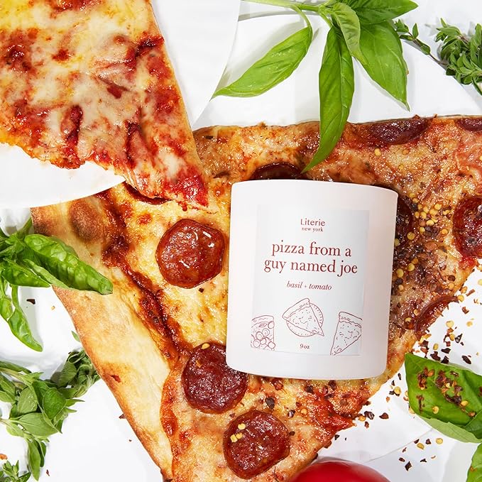 Literie NYC Inspired Scented Candle: Pizza from a Guy Named Joe - Tomato & Basil Scent, 9oz, 50 Hour Burn, Vegan Soy & Coconut Blend Candle for Home Decor, Gift for Women & Men