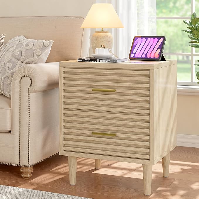 Alohappy Nightstands Set of 2, Bedside Table for Bedroom, End Table with 2 Drawers, Mid Century Modern Bed Side Table with Storage Vintage Wood Accent Table for Living Room, Oak 2pcs