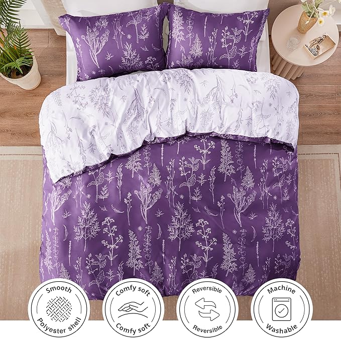 Love's cabin Dark Purple Comforter Set Queen - Queen Size Comforter Set, 3 Pieces Cute Floral Bedding Sets for All Seasons,1 Soft Reversible Botanical Flowers Comforter and 2 Pillow Shams