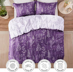 Love's cabin Dark Purple Full Comforter Set - Full Size Comforter Set, 3 Pieces Cute Floral Bedding Sets for All Seasons,1 Soft Reversible Botanical Flowers Comforter and 2 Pillow Shams