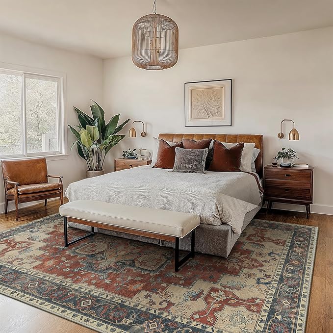 GENIMO 10x12 Area Rugs for Living Room, Machine Washable Non Slip Vintage Rugs, Low Pile Lightweight Chenille Print Rug for Bedroom, Dining Room, Home Office,Bordeaux