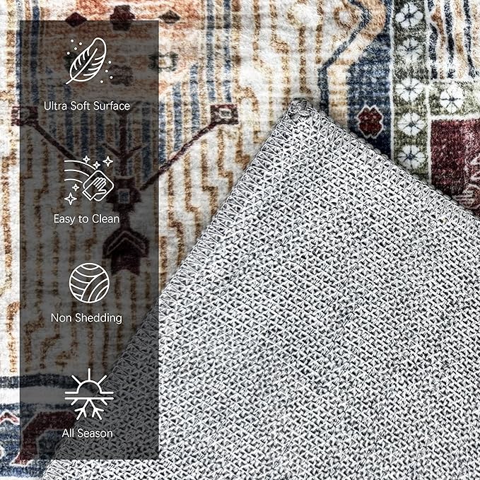 Vintage 4' x 6' Washable Area Rug - Stylish Indoor Rug for Living, Dining or Bedroom - Lightweight Carpet with Non-Slip Backing - Foldable for Easy Placement and Maintenance - Rust