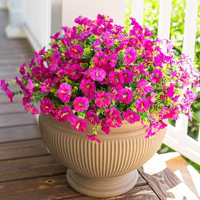 HyeFlora Artificial Flowers for Outdoors Fake Plants, 12 Bundles Faux Fuchsia Morning Glory UV Resistant Look Real Silk Flowers for Outside Planter Front Door Porch Patio Yard Fall Autumn Decoration