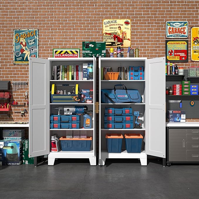 White Metal Storage Cabinet, 61" Steel Cabinets for Home Office, Kitchen Pantry Storage Cabinet with Doors and 3 Adjustable Shelves, Tool Cabinet, for Office, Home, Garage, School