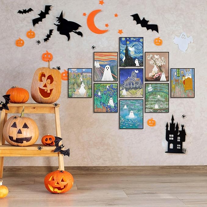 LANCHI95 Vintage Ghost Posters Halloween Wall Art Witch in The Forest Painting Prints Halloween Wall Decor for Living Room Bedroom 8x10 in - 9pcs (UNFRAMED)