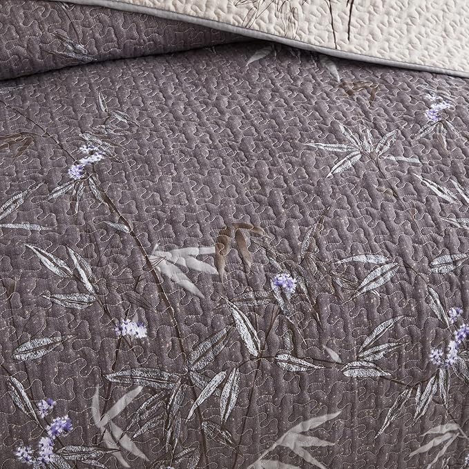 Flysheep Quilt Set 3 Pieces King Size, Black Leaves Botanical Design Reversible Bedspread Coverlet Set, Soft Microfiber Lightweight Bed Cover for All Season (102" x 90", 1 Quilt+ 2 Pillow Shams)