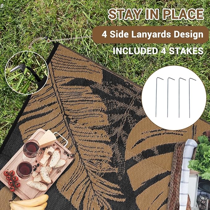 GAOMON Outdoor Patio Rug 9x18 Waterproof Outdoor Plastic Straw Rug Reversible Camping Mat, Foldable Portable RV Picnic Carpet with Bag & 4 Stakes, UV Resistant Outside Carpet for Deck Balcony, Brown