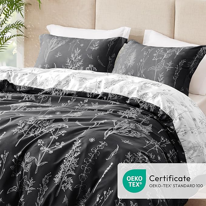 Love's cabin King Size Comforter Set Black - King Comforter Set, 3 Pieces Cute Floral Bedding Sets for All Seasons,1 Soft Reversible Botanical Flowers Comforter and 2 Pillow Shams