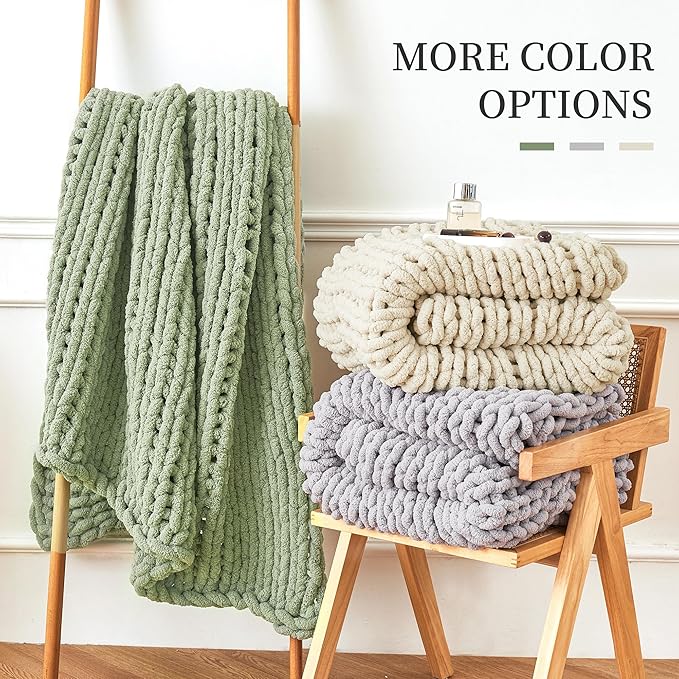 Admitrack Chunky Knit Blanket Throw, 100% Hand Knit Chenille Throw Blanket for Sofa & Home Decor, Soft and Cozy Knitted Throw Blankets (Sage Green，40"x50")