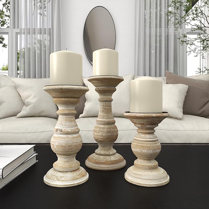 Deco 79 Mango Wood Decorative Candle Holder Turned Style Pillar Candle Stand, Set of 3 Candlestick Holder 6", 8", 10"H, Cream