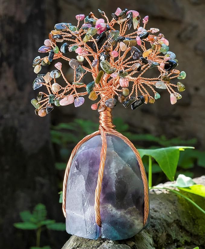 Multi Tourmaline Crystal Tree with Fluorite Rough Base Tree of Life Decor for Shelf, Bedroom, Birthday Gifts for Women, Sister Gifts, Birthday Gifts for Mom, Cute Home Decor Purple Decor Present
