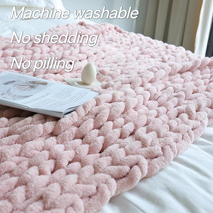 Maetoow Chenille Chunky Knit Blanket Throw （60×80 Inch）, Handmade Warm & Cozy Blanket Couch, Bed, Home Decor, Soft Breathable Fleece Banket, Christmas Thick and Giant Yarn Throws, Light Pink