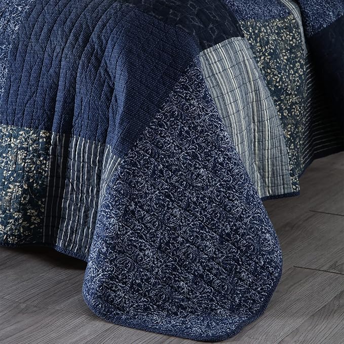 Yvooxny Quilts Queen Size Reversible Lightweight Bedspread 3-Piece Quilt Set Plaid Floral Patchwork 100% Cotton Queen Quilt Set Bedding Set with Pillow Shams for All Seasons, Azure Blue, 90x98''