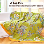 Boho Throw Blanket 80" x 90", 100% Organic Cotton Breathable Ultra Soft Bed Quilt Throw - All Season Luxury Floral Farmhouse Decor Blanket for Sofa Couch Chair and Gift. Green/Blue