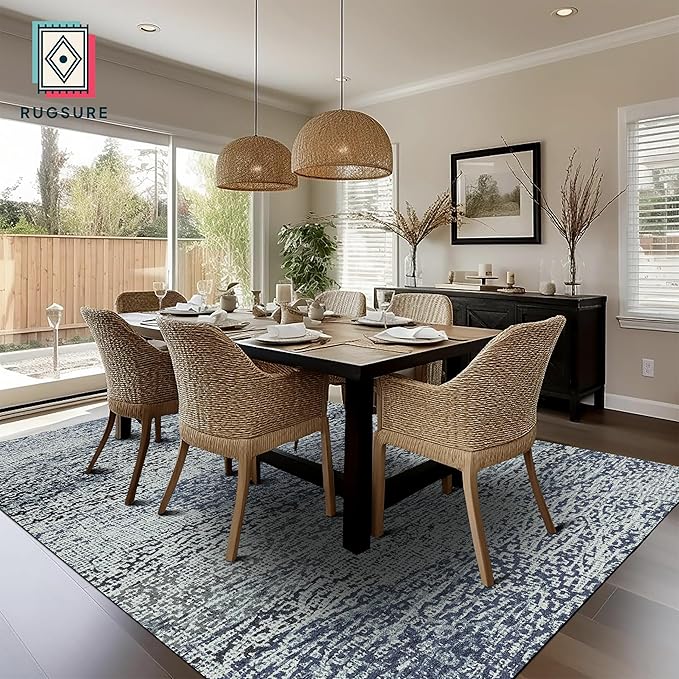 RUGSURE Washable Area Rug - 1/6 Thick - Stain & Water Resistant Non-Slip - Resistant Rug for Living Room, Bedroom, Nursery, Pet & Child Friendly, Vintage Charm Area Rugs (Grey+LightTeal, 5' x 7')