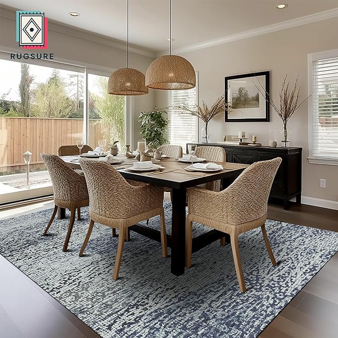 RUGSURE Washable Area Rug - 1/6 Thick - Stain & Water Resistant Non-Slip - Resistant Rug for Living Room, Bedroom, Nursery, Pet & Child Friendly, Vintage Charm Area Rugs (Grey+LightTeal, 6' x 9')