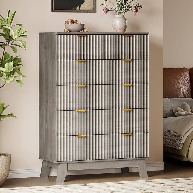 46" Tall Dresser for Bedroom, 6-Drawer Fluted Chest of Drawers, Modern Wood Highboy with Deep Storage, Metal Slides and Handles, Anti-Tip Kit, Vertical Clothes Organizer for Apartment, Nursery