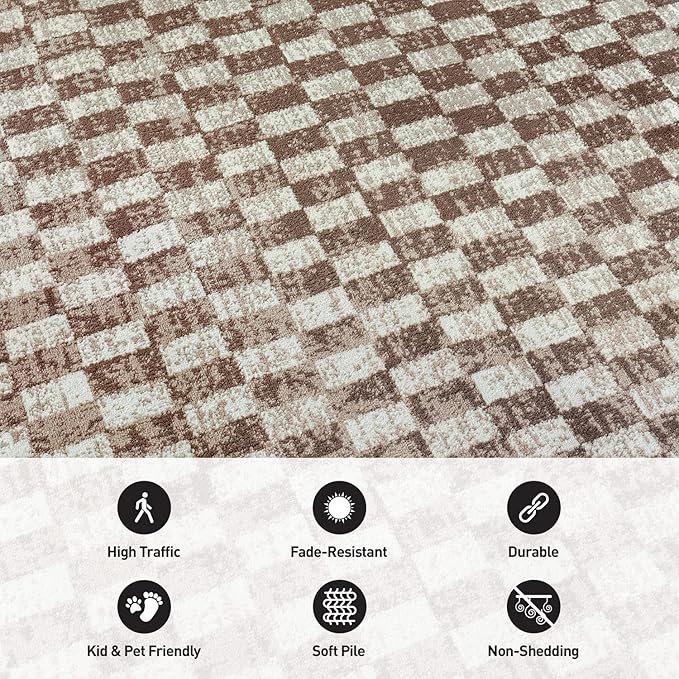 Rugshop Beige Checkered Area Rug – Textured Grid Pattern Carpet for Living Room, Bedroom, or Office – Neutral Contemporary Soft Floor Décor 2' 3" x 8' Runner Beige
