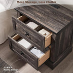 T4TREAM 24" Farmhouse Nightstand with Charging Station, Large End Table with 2 Storage Drawers, Rustic Wood Sofa Bedside Table for Bedroom, Dark Rustic Oak