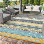 GAOMON Outdoor Rugs Patio Camping Waterproof Rug 6'x9' Plastic Straw Patio Rug Portable for Campers, Outside RVs Mat for Patios Clearance, Backyard Porch, Balcony, Teal/Yellow(Bohemia)