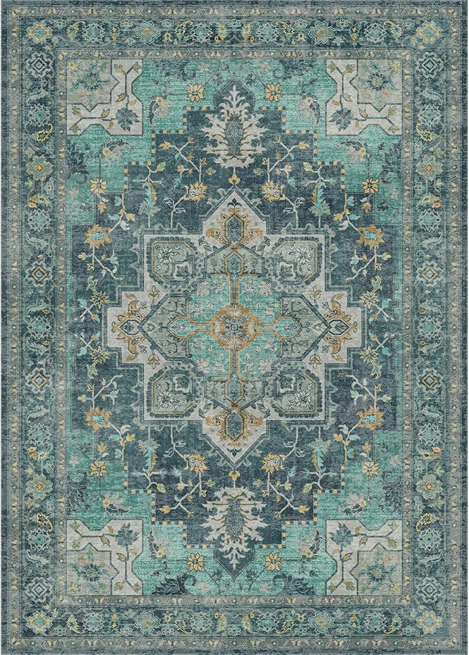 GENIMO 10x14 Area Rugs for Living Room, Machine Washable Non Slip Vintage Rugs, Low Pile Lightweight Chenille Print Rug for Bedroom, Dining Room, Home Office, Dark Green