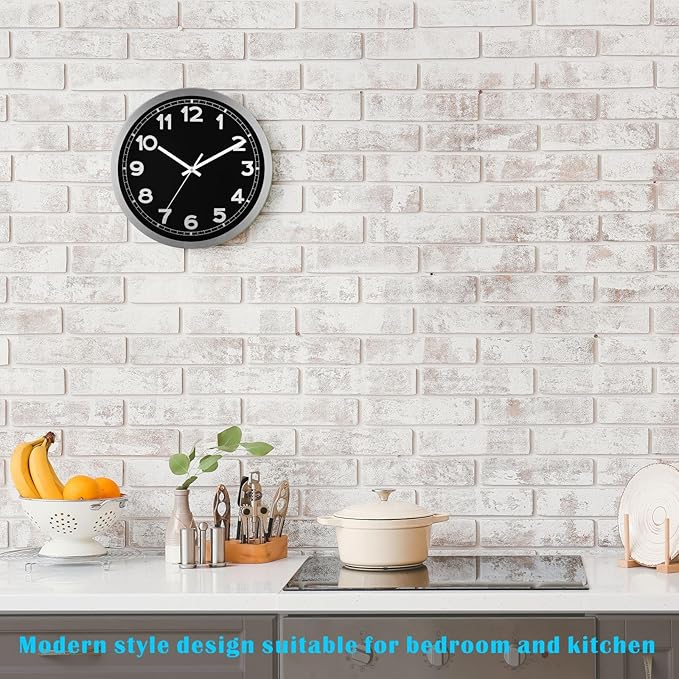Plumeet Wall Clock, 12 Inch Battery Operated Wall Clock with Silver Aluminum Frame, Non Ticking Silent Metal Wall Clocks Decorative Kitchen Living Room Bedroom, Black