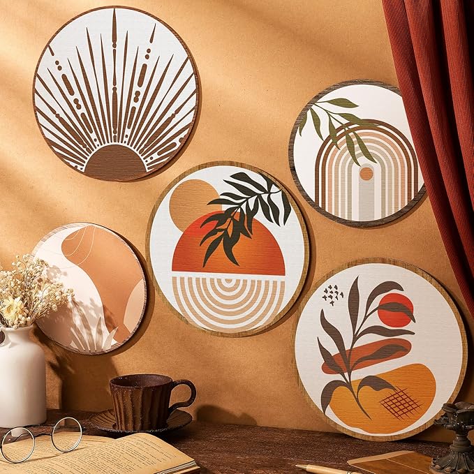 Qunclay 5 Pcs Wall Art Decor Wooden Living Room Wall Decor Bohemian Hanging Farmhouse Geometric 10'' and 8'' Aesthetic Wood Minimalist Posters for Bedroom(Boho)